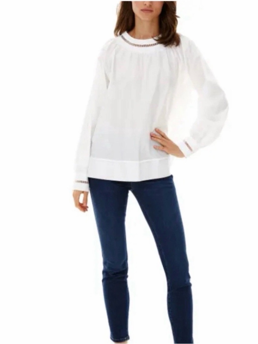 White Peasant Blouse with Eyelet Trim at Neck & Sleeves